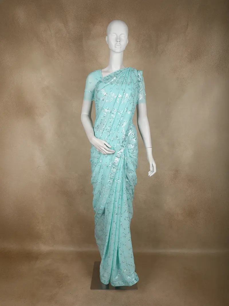 Pastel Aqua Blue Heavy Sequins Embroidered Design Chiffon Designer Saree 1