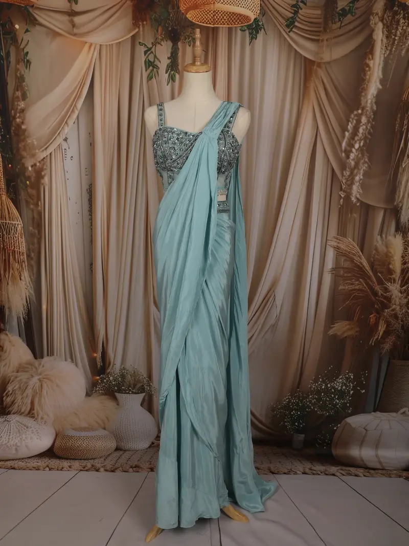 Pastel Aqua Blue Solid Design Ready To Wear Saree With Sequins Embroidered Blouse 1