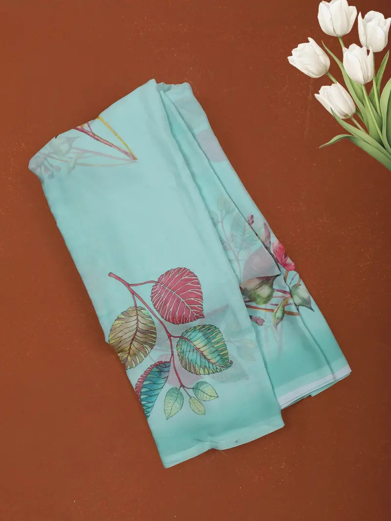Pastel Aqua Green Leaf Printed Chiffon Saree With Ombre Border 1