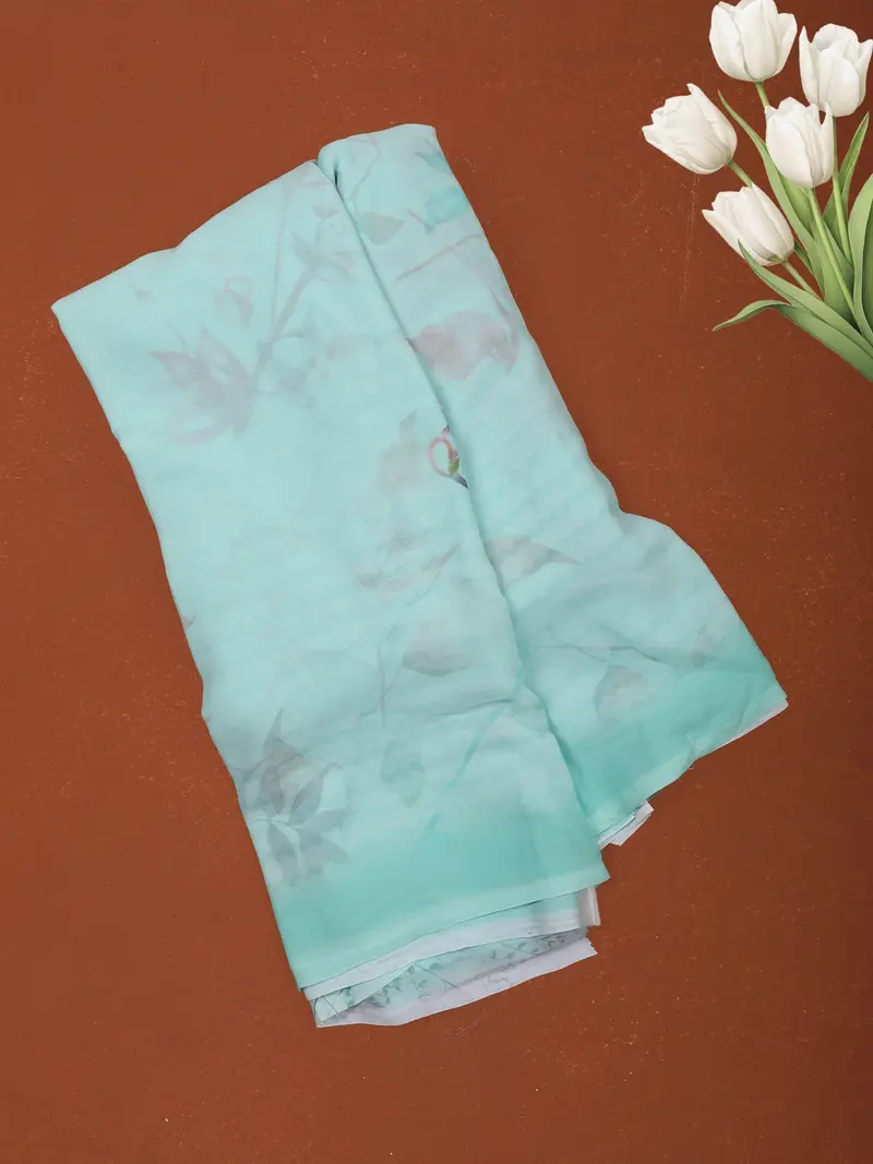 Pastel Aqua Green Minimal Floral Printed Chiffon Saree With Ombre Border 1