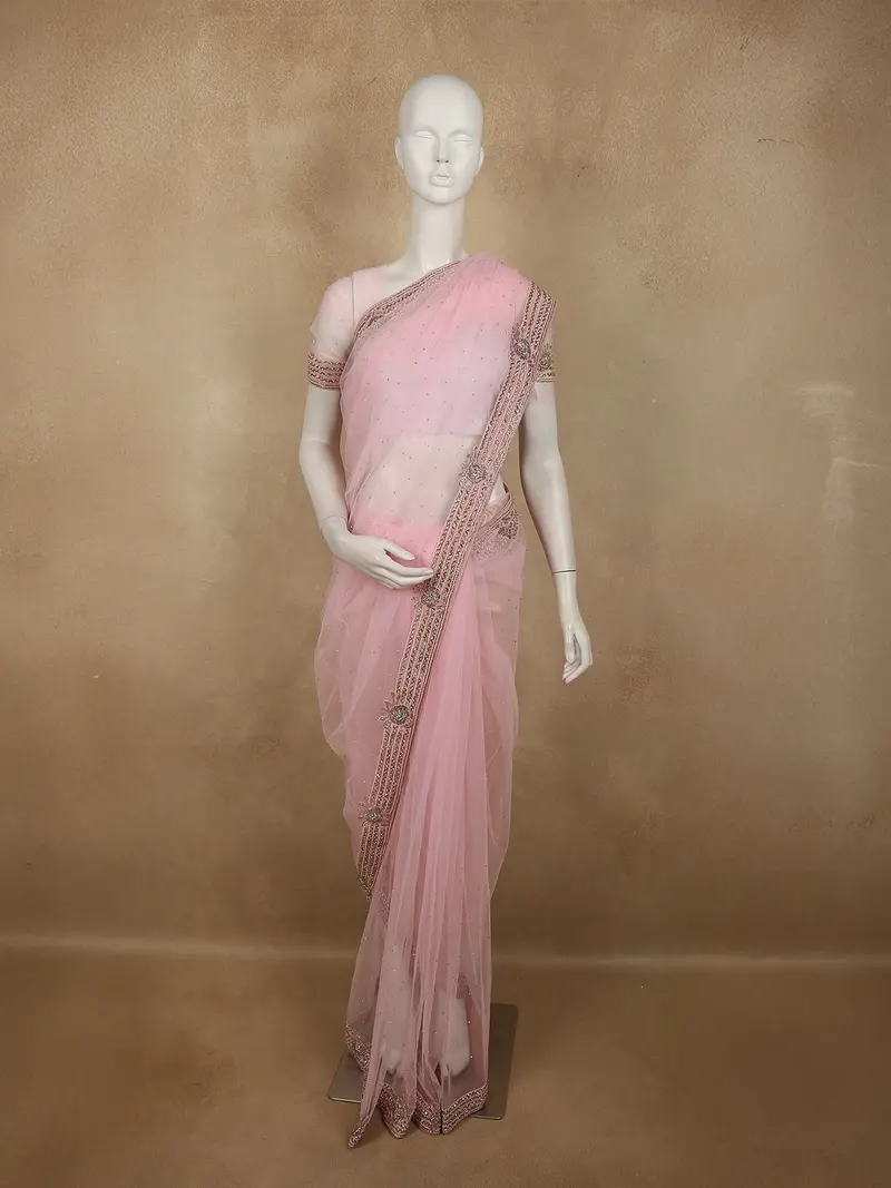 Pastel Baby Pink Stone Embellished Design Net Designer Saree With Designer Border 1