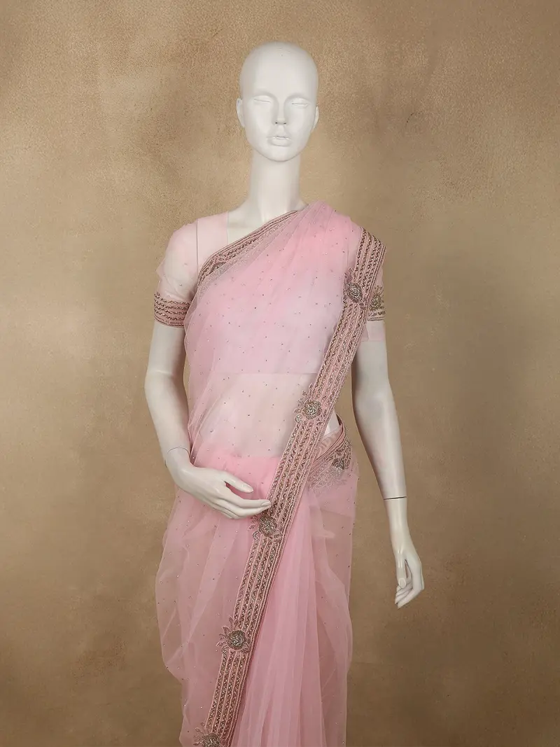 Pastel Baby Pink Stone Embellished Design Net Designer Saree With Designer Border 2