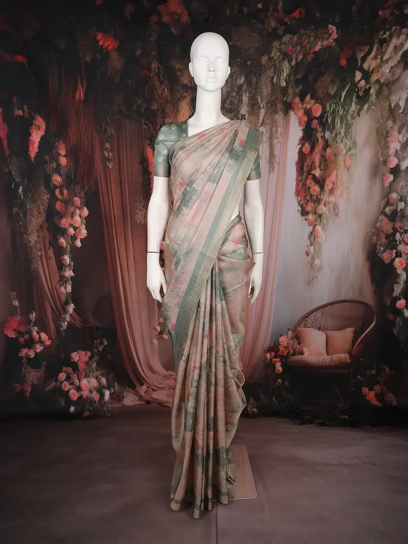 Pastel Beige Floral Printed Tissue Saree 1