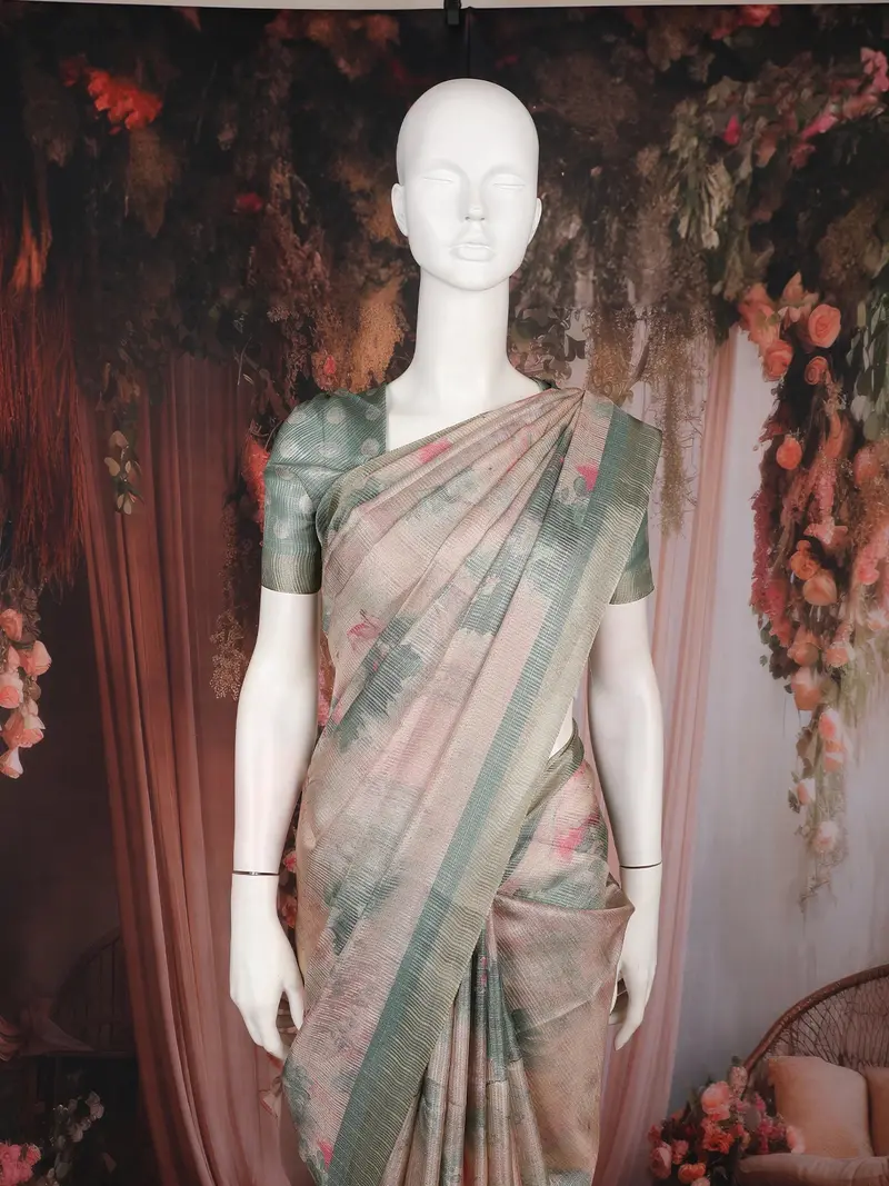 Pastel Beige Floral Printed Tissue Saree 2