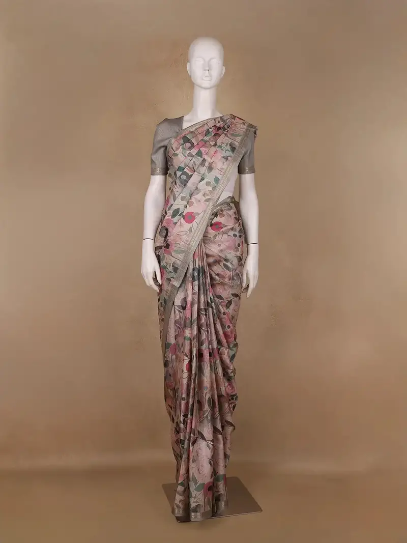 Pastel Beige Floral Printed Tussar Silk Saree 1