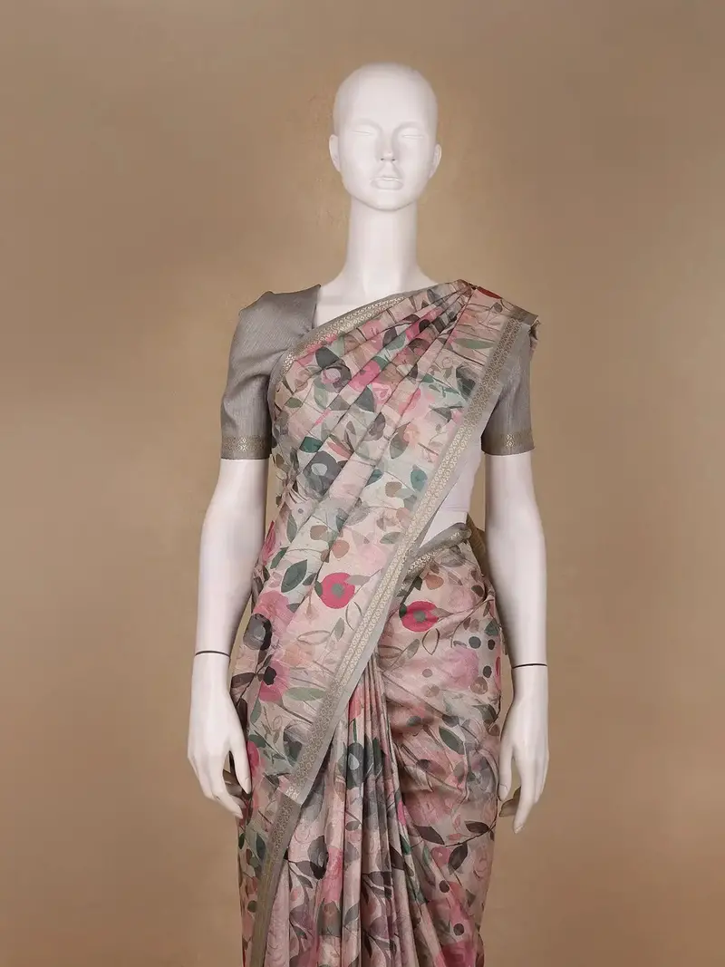Pastel Beige Floral Printed Tussar Silk Saree 2