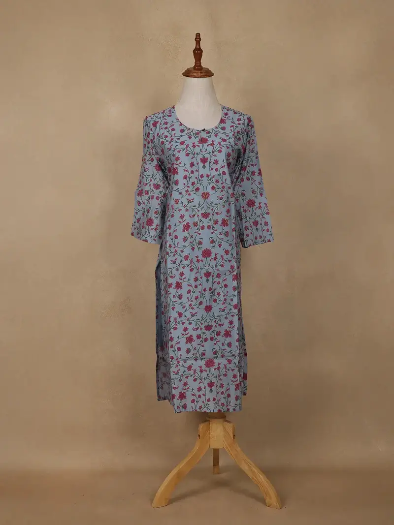 Pastel Blue Floral Design Cotton Kurti 1