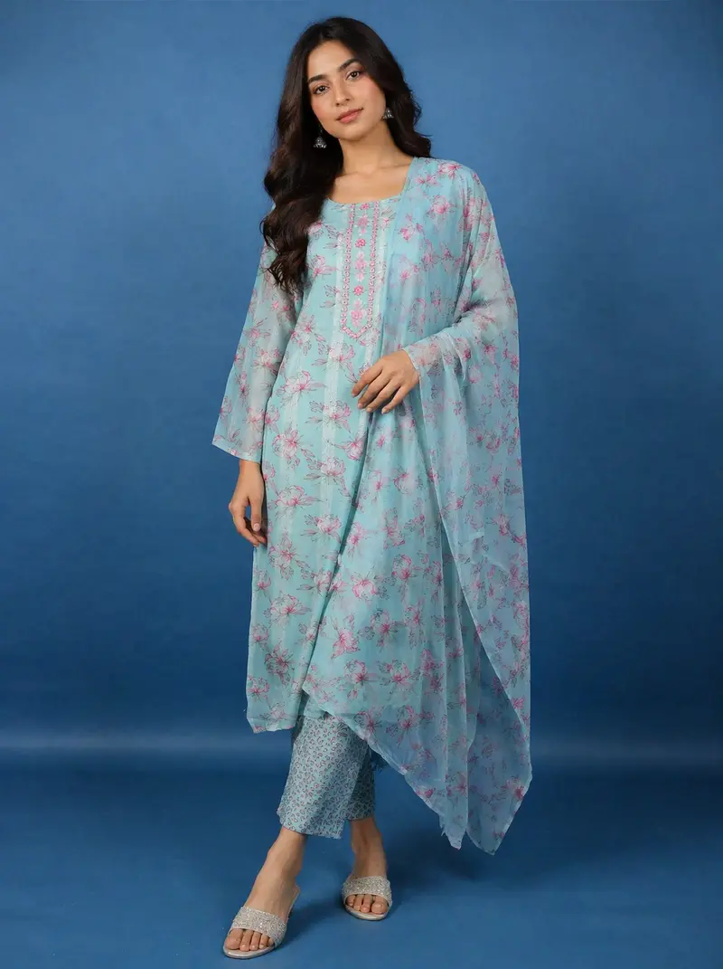 Pastel Blue Floral Printed Cotton Salwar Suit Set 1