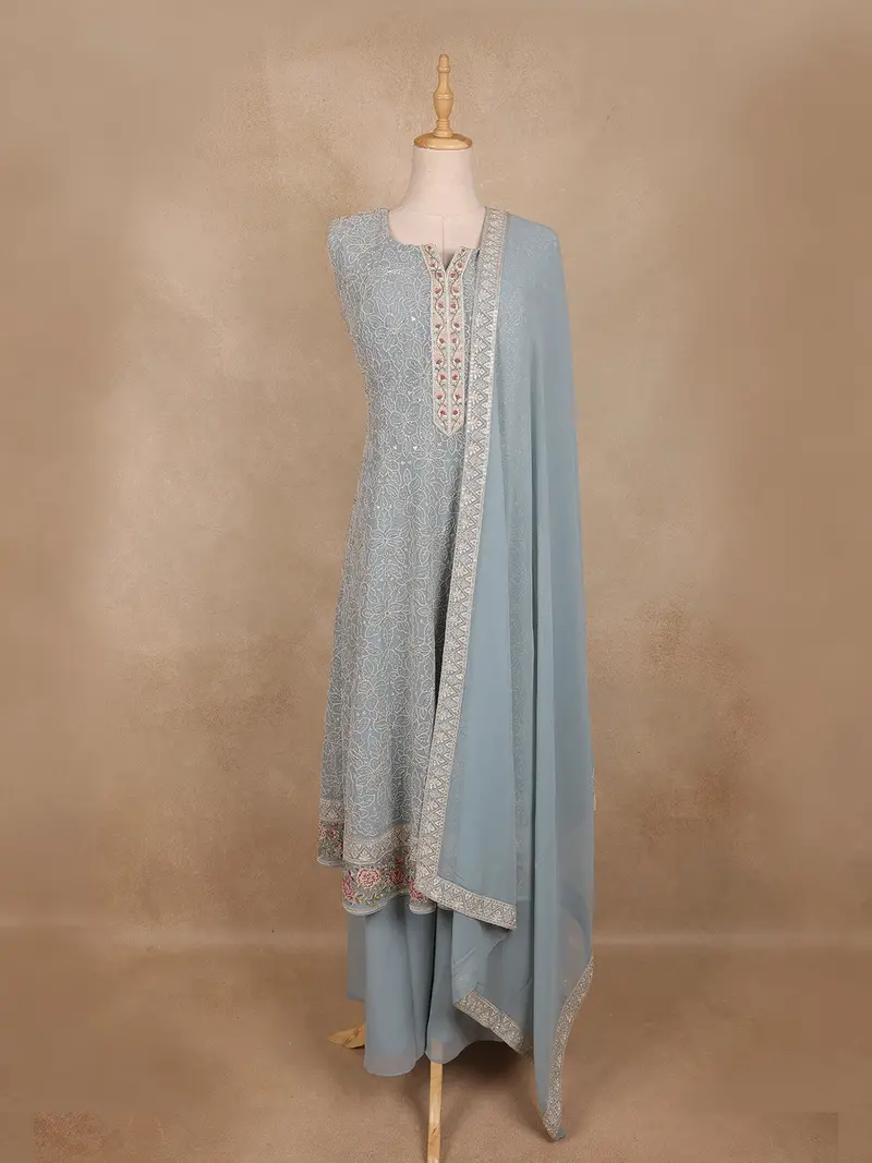 Pastel Blue Floral Sequins Embroidered Design Georgette Palazzo Suit 1