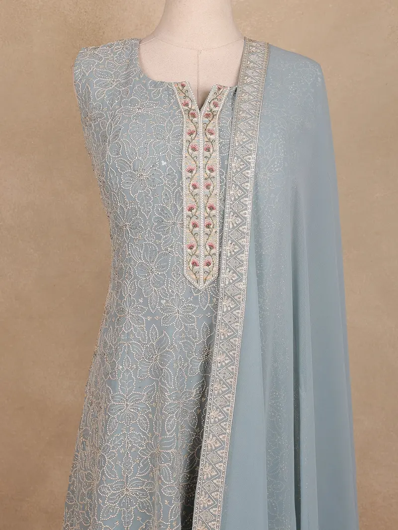 Pastel Blue Floral Sequins Embroidered Design Georgette Palazzo Suit 2