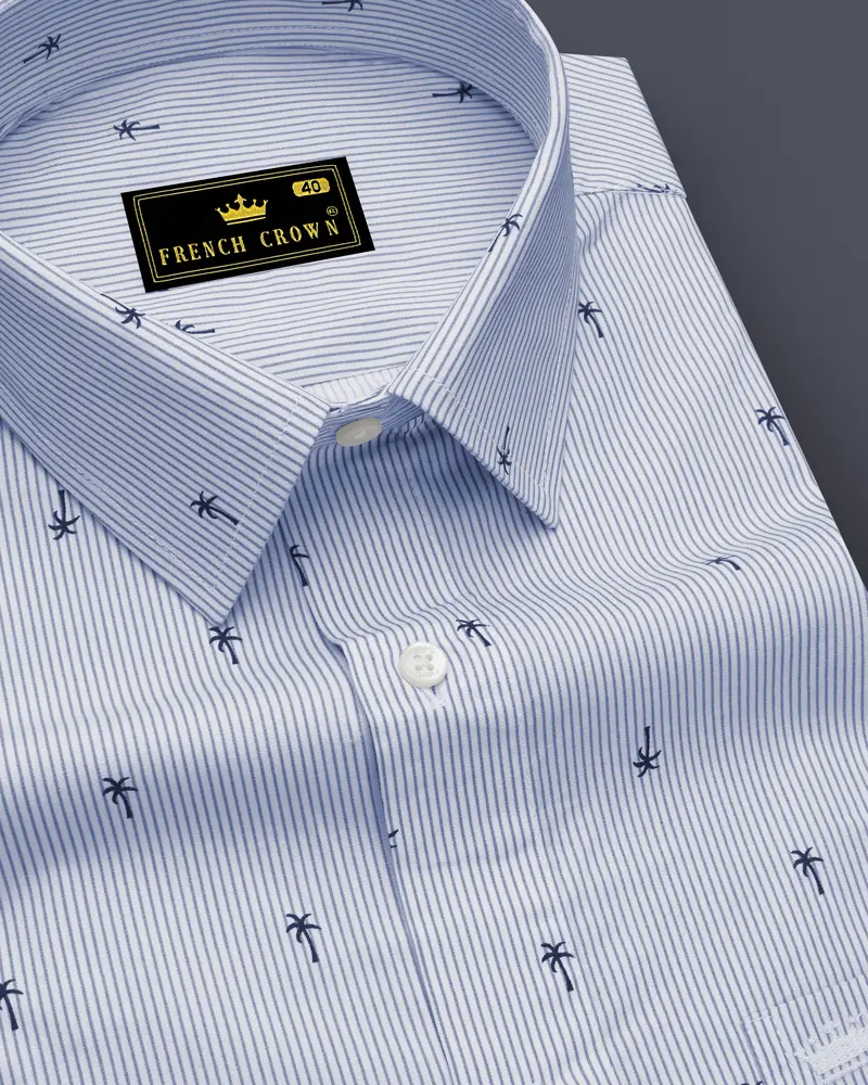 Pastel Blue With White Striped And Printed Premium Cotton Shirt 1
