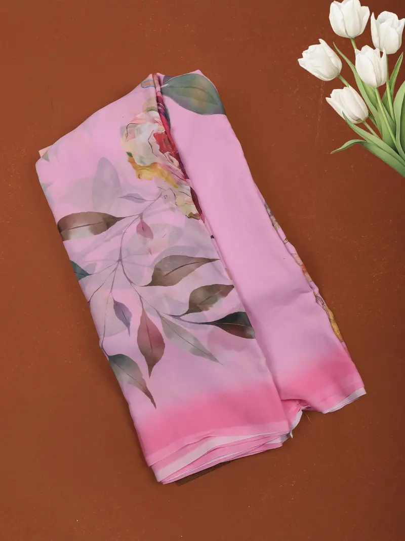 Pastel Blush Pink Floral Printed Chiffon Saree With Ombre Border 1