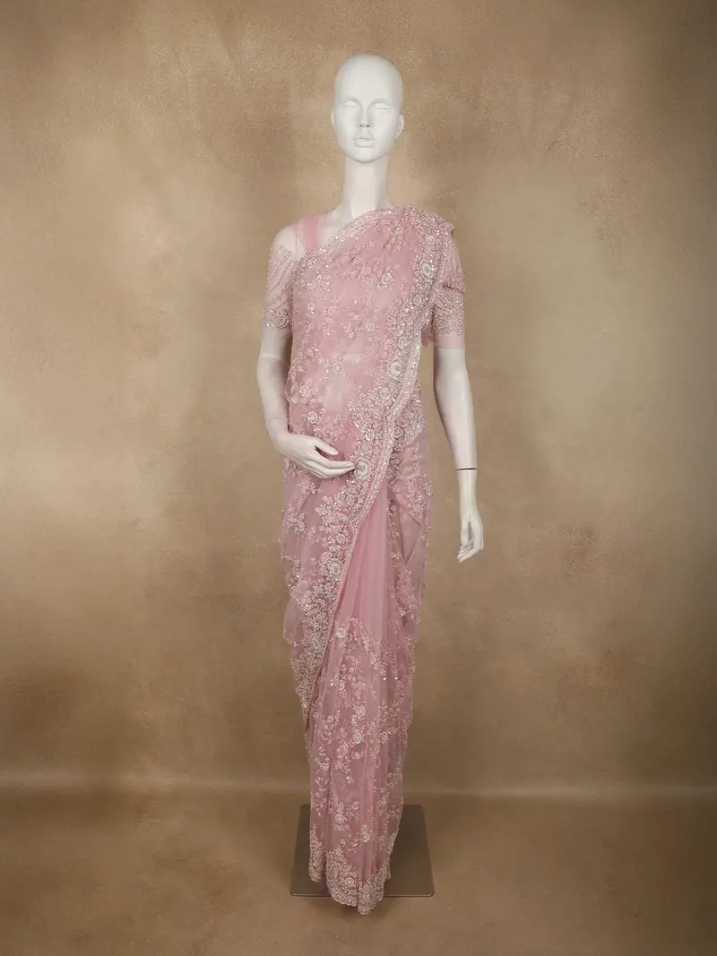 Pastel Blush Pink Floral Sequins And Beads Embroidered Design Net Designer Saree With Designer Border 1