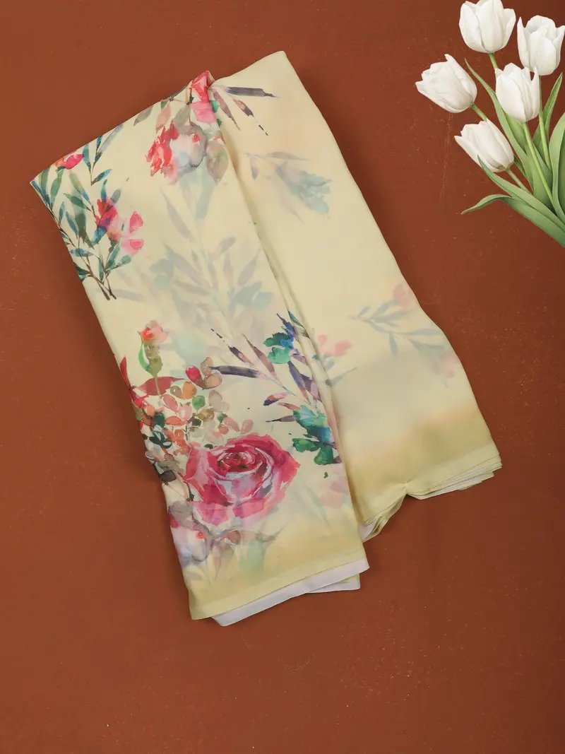 Pastel Butter Yellow Floral Printed Chiffon Saree With Ombre Border 1
