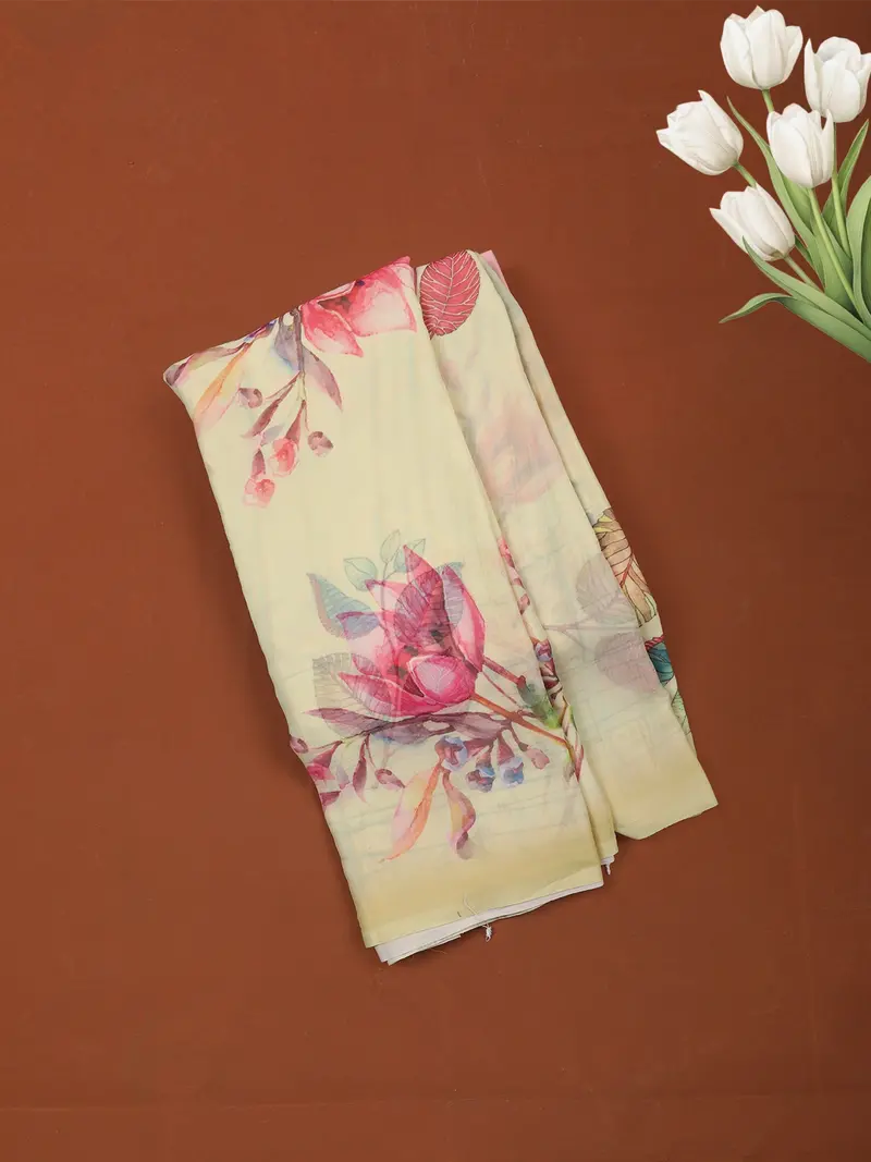 Pastel Butter Yellow Floral Printed Chiffon Saree With Ombre Border 1