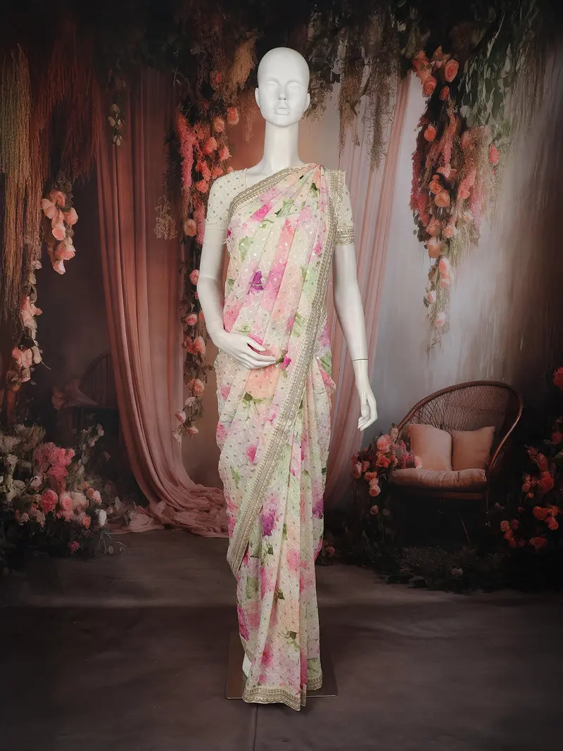 Pastel Floral Sequins Embellished Design Georgette Saree With Embroidered Border 1