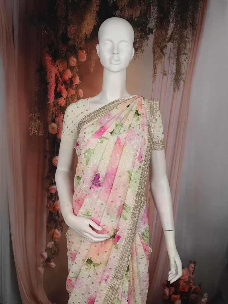 Pastel Floral Sequins Embellished Design Georgette Saree With Embroidered Border 2