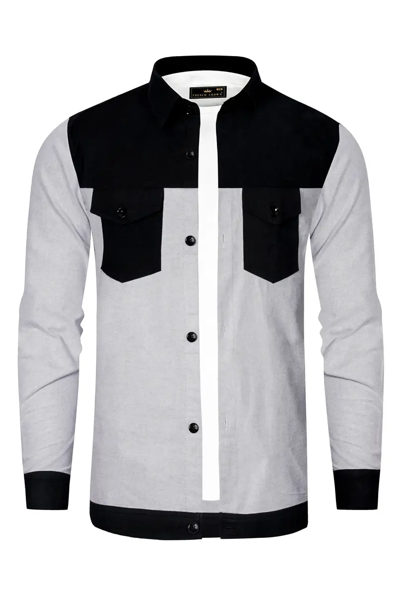 Pastel Gray And Jade Black Textured Flannel Designer Overshirt/Shacket 2