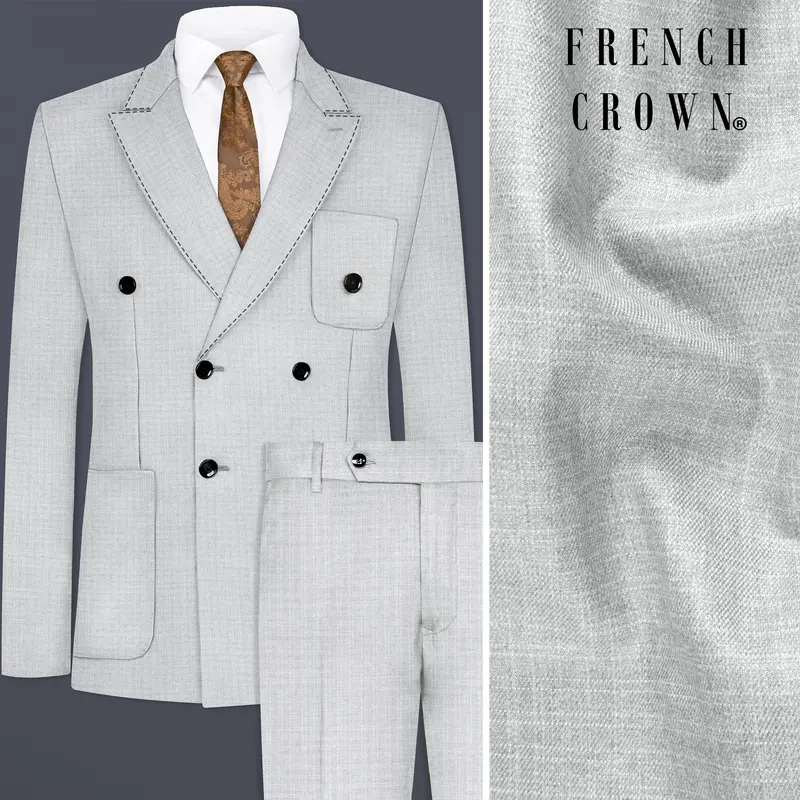 Pastel Gray Textured Wool Blend Double Breasted Sports Suit 1