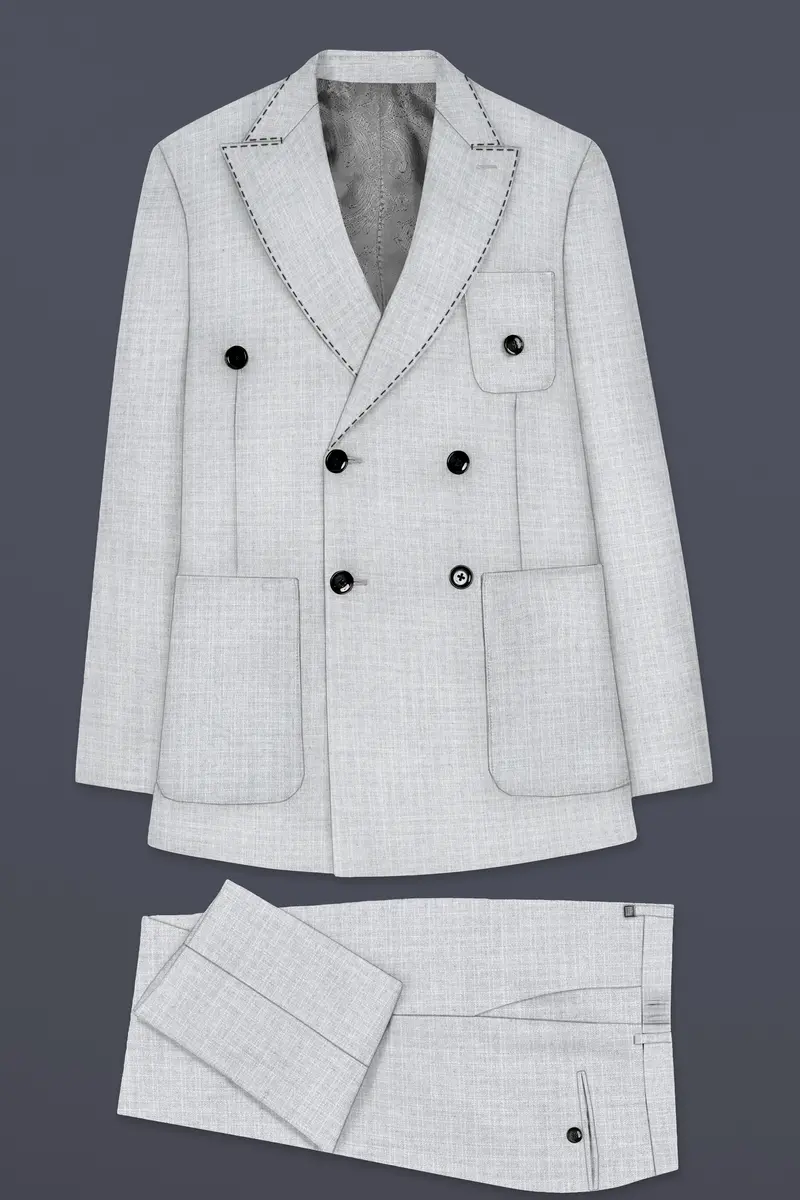 Pastel Gray Textured Wool Blend Double Breasted Sports Suit 10