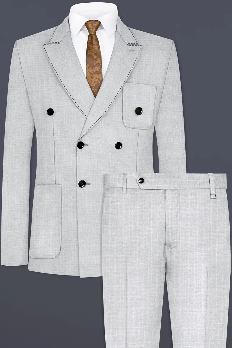 Pastel Gray Textured Wool Blend Double Breasted Sports Suit 2