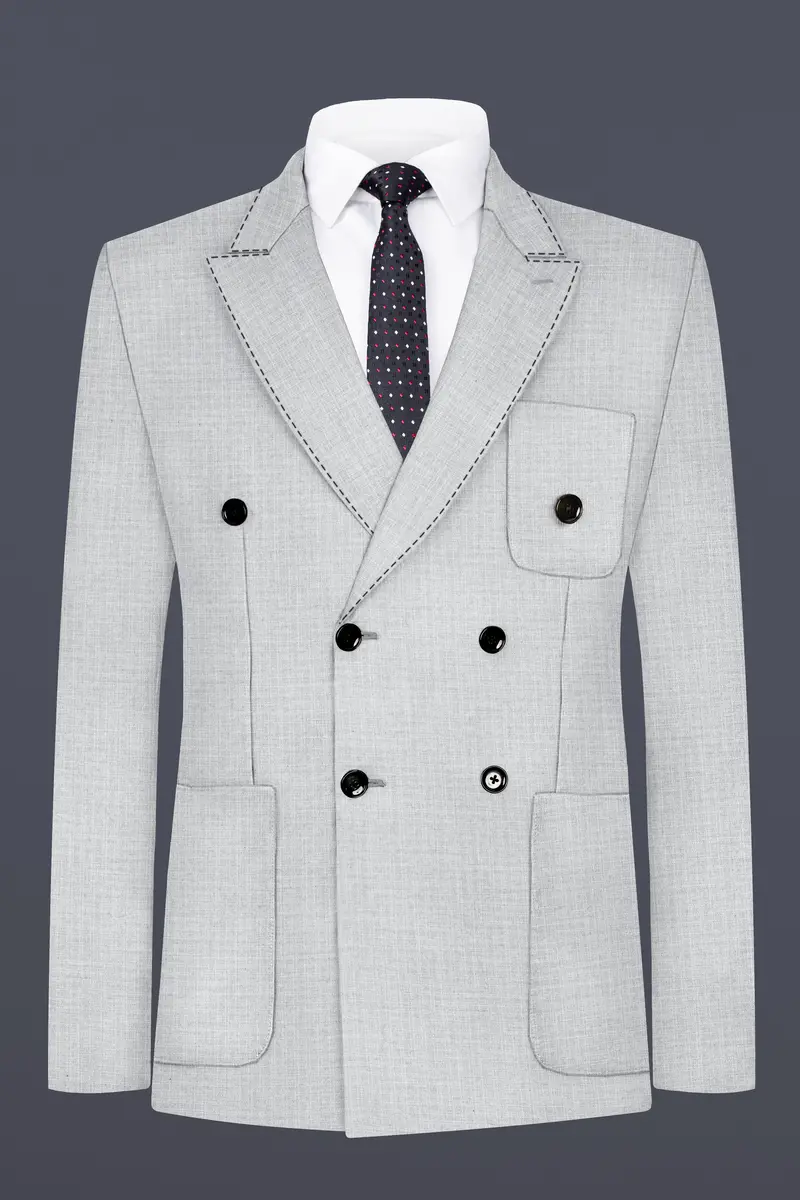 Pastel Gray Textured Wool Blend Double Breasted Sports Suit 7