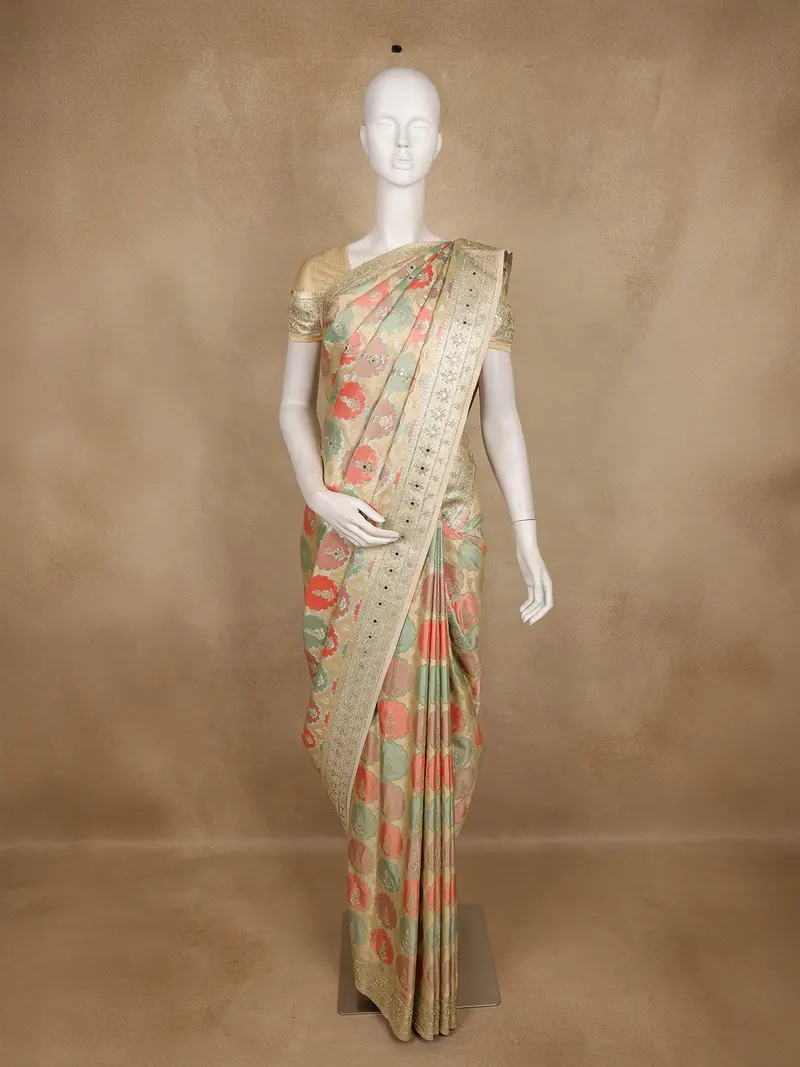 Pastel Green And Peach Floral Woven Design Banarasi Saree With Designer Zari Border 1