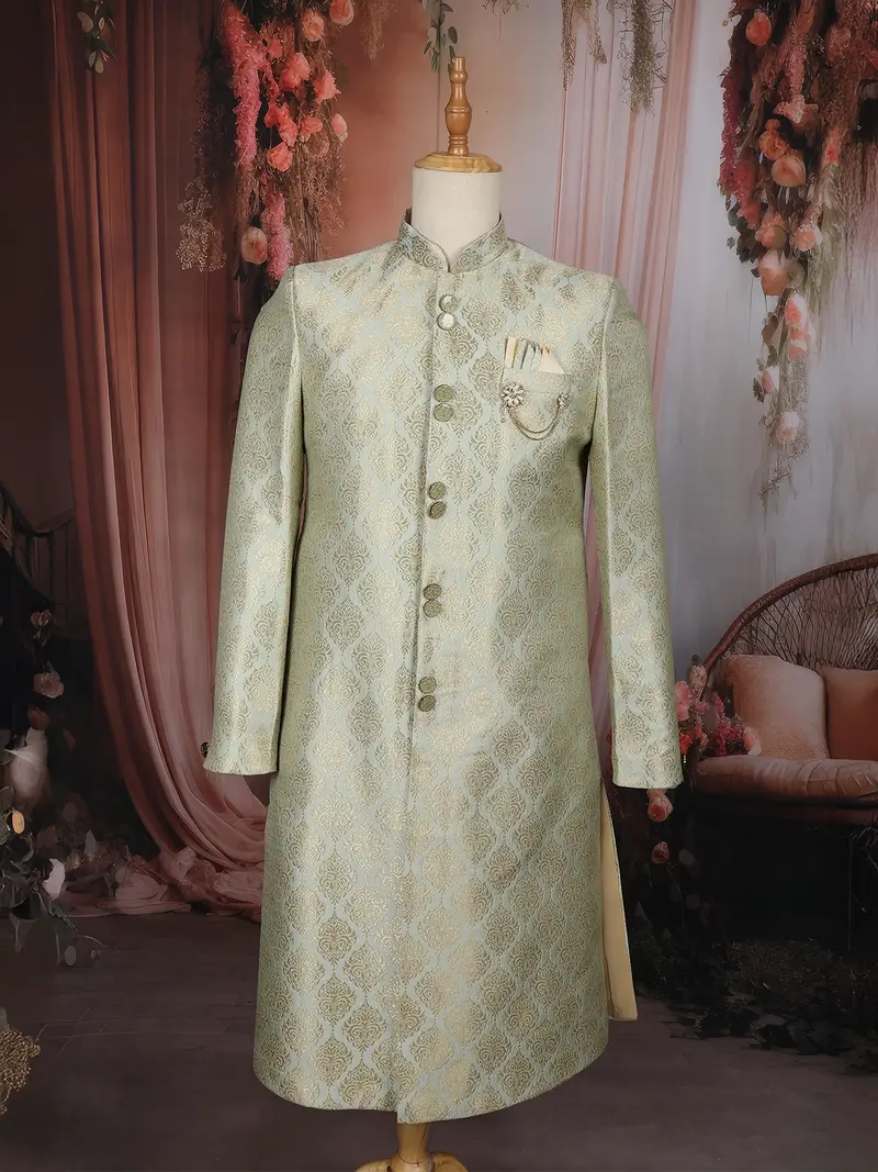 Pastel Green Brocade Design Polyester Sherwani Set With Pocket Brooch 1