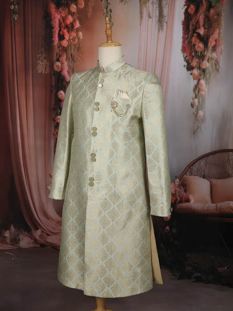 Pastel Green Brocade Design Polyester Sherwani Set With Pocket Brooch 2