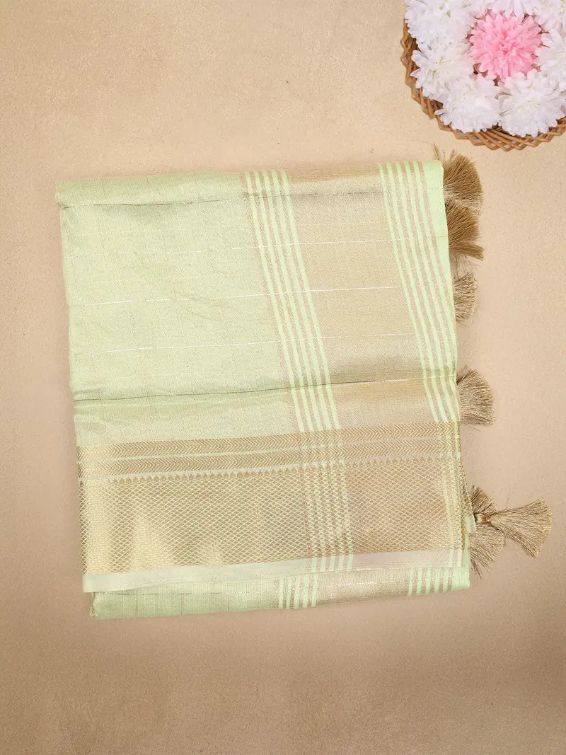 Pastel Green Checked Woven Tissue Saree With Zari Border 1