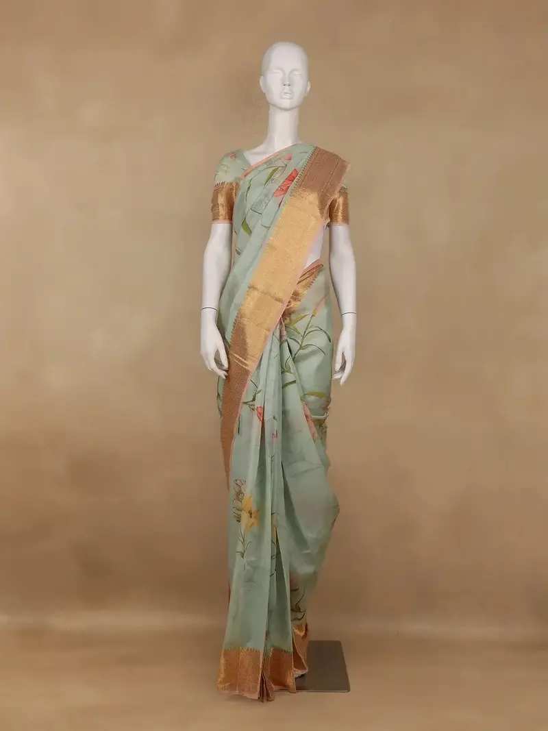 Pastel Green Digital Floral Printed Tussar Silk Saree 1