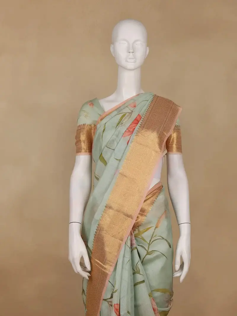 Pastel Green Digital Floral Printed Tussar Silk Saree 2