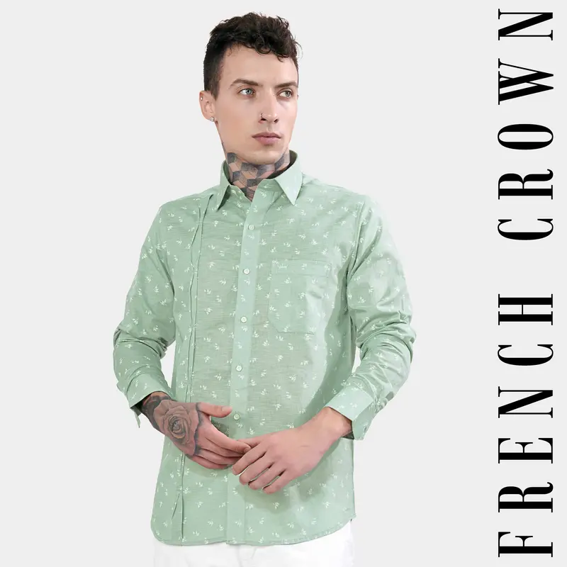Pastel Green Ditsy Printed Luxurious Linen Designer Shirt 1