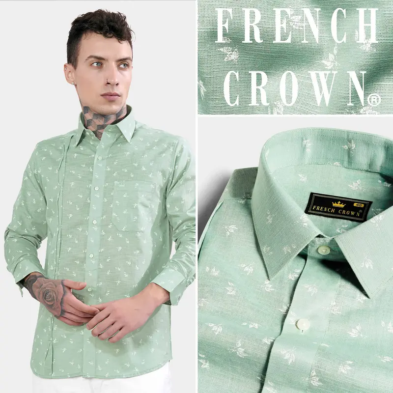 Pastel Green Ditsy Printed Luxurious Linen Designer Shirt 10
