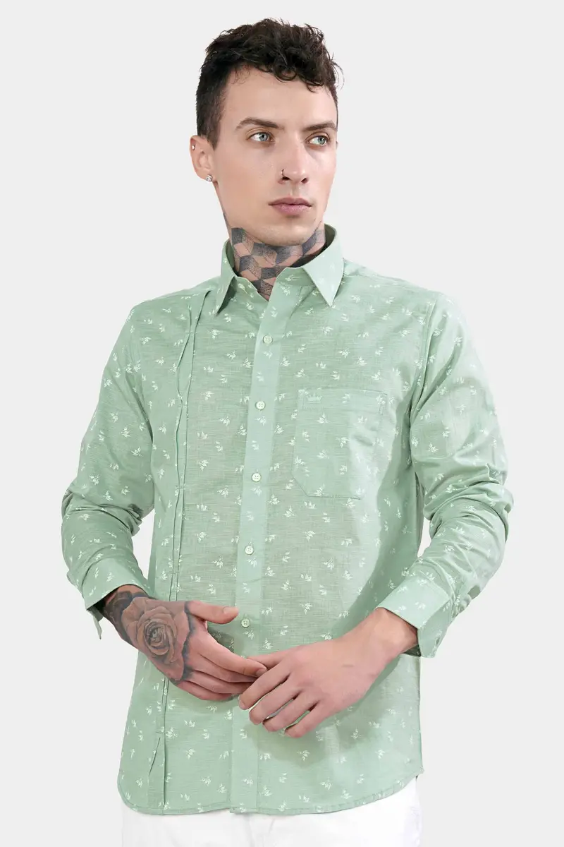 Pastel Green Ditsy Printed Luxurious Linen Designer Shirt 2