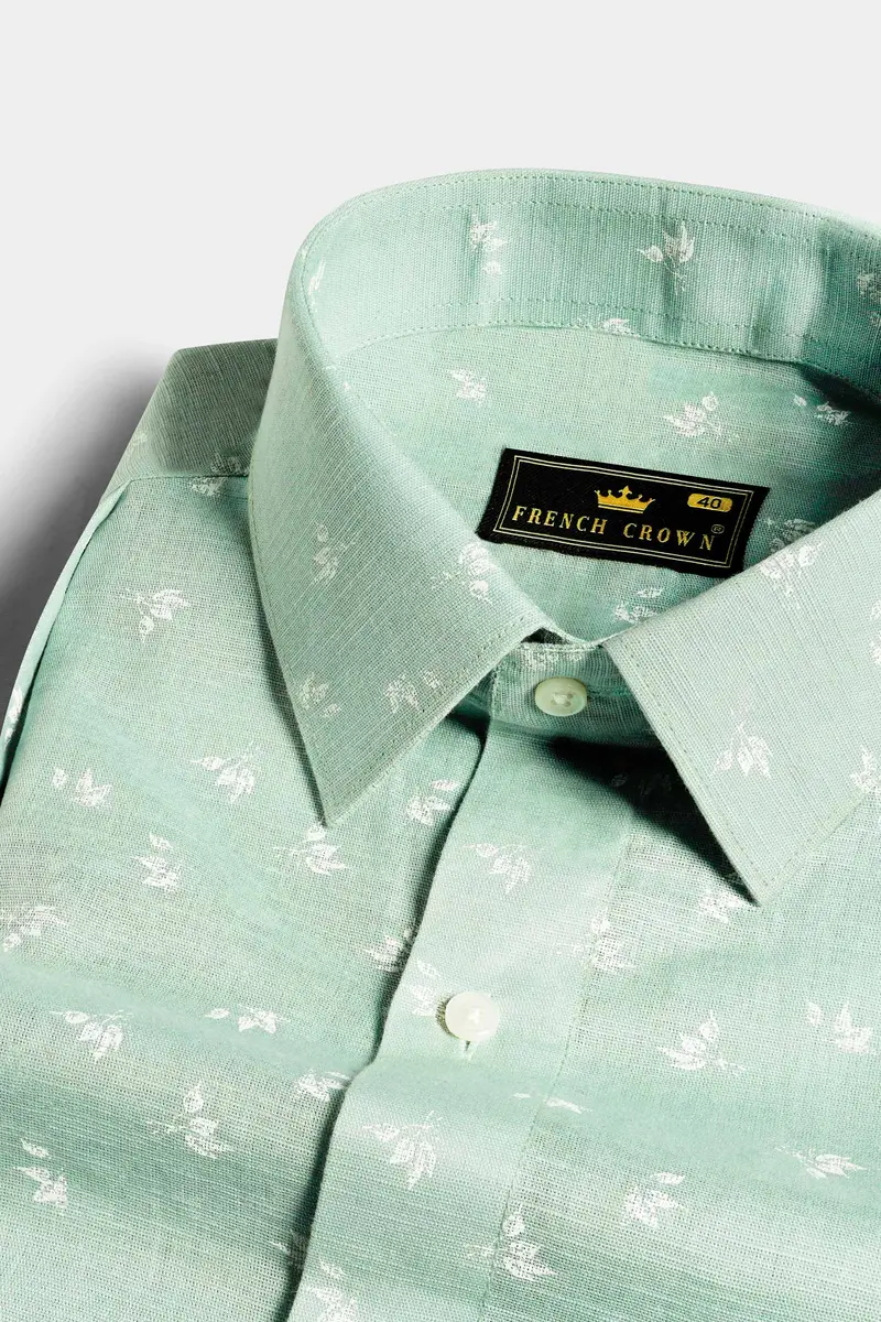 Pastel Green Ditsy Printed Luxurious Linen Designer Shirt 4