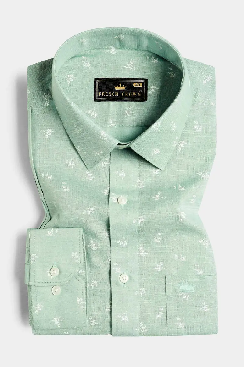 Pastel Green Ditsy Printed Luxurious Linen Designer Shirt 5