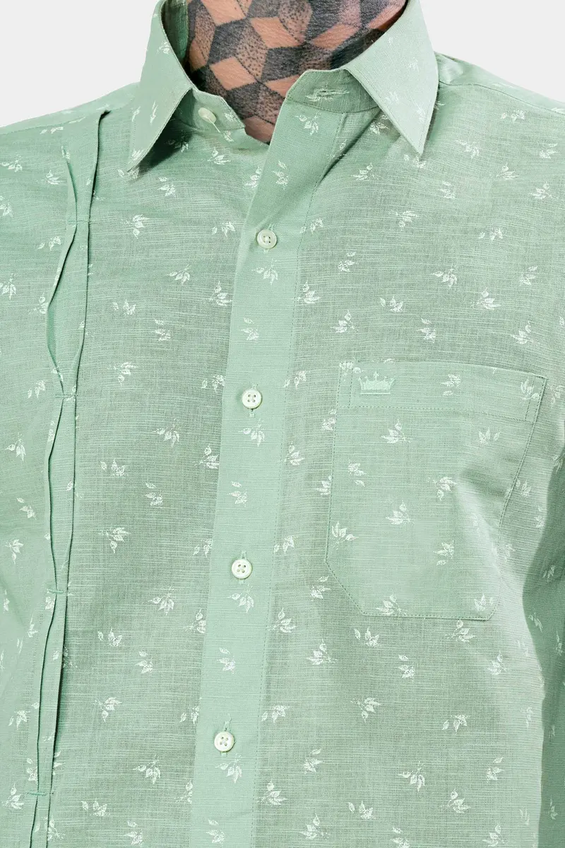 Pastel Green Ditsy Printed Luxurious Linen Designer Shirt 6