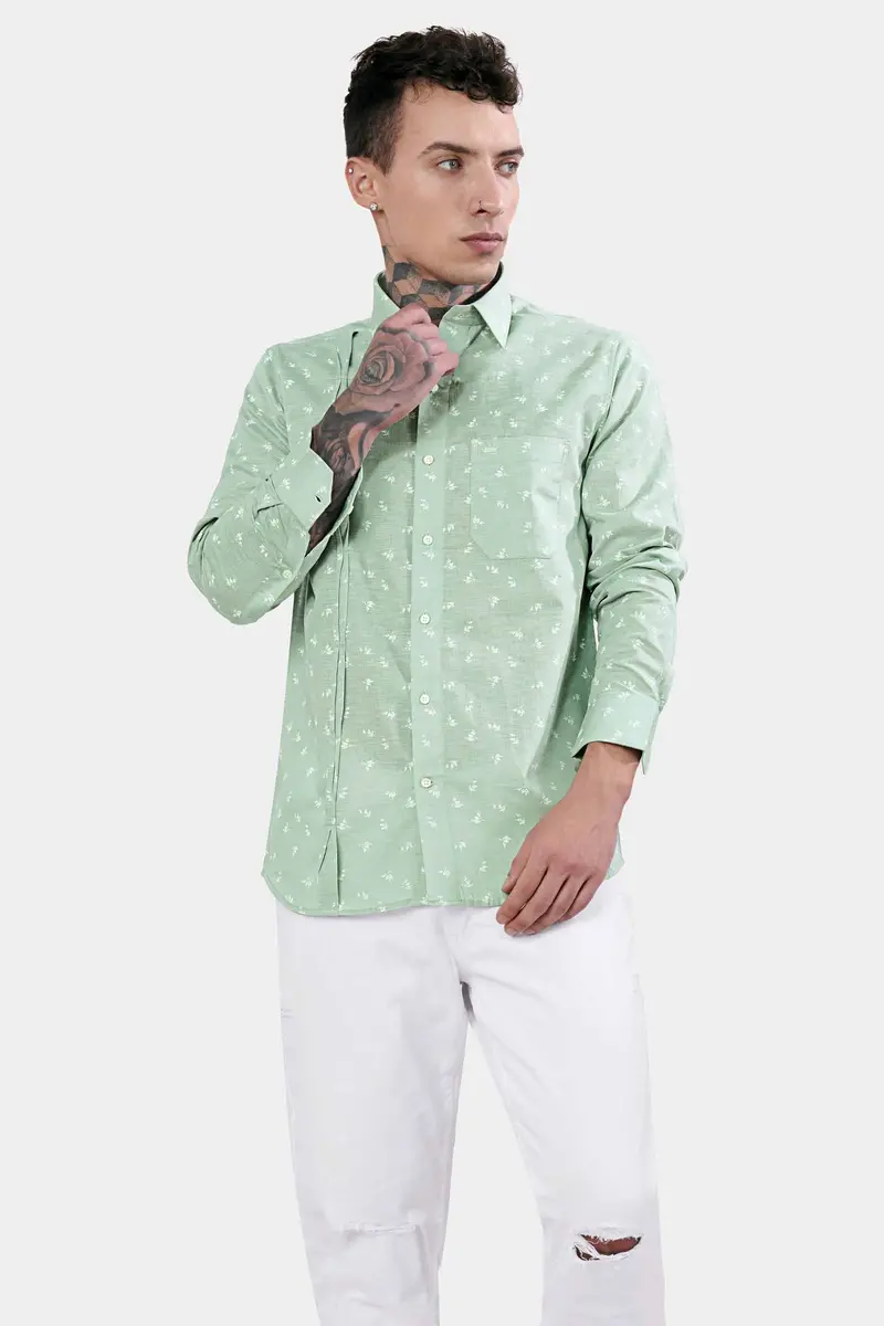 Pastel Green Ditsy Printed Luxurious Linen Designer Shirt 7
