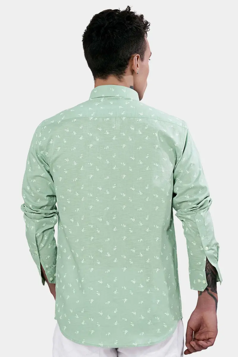 Pastel Green Ditsy Printed Luxurious Linen Designer Shirt 8