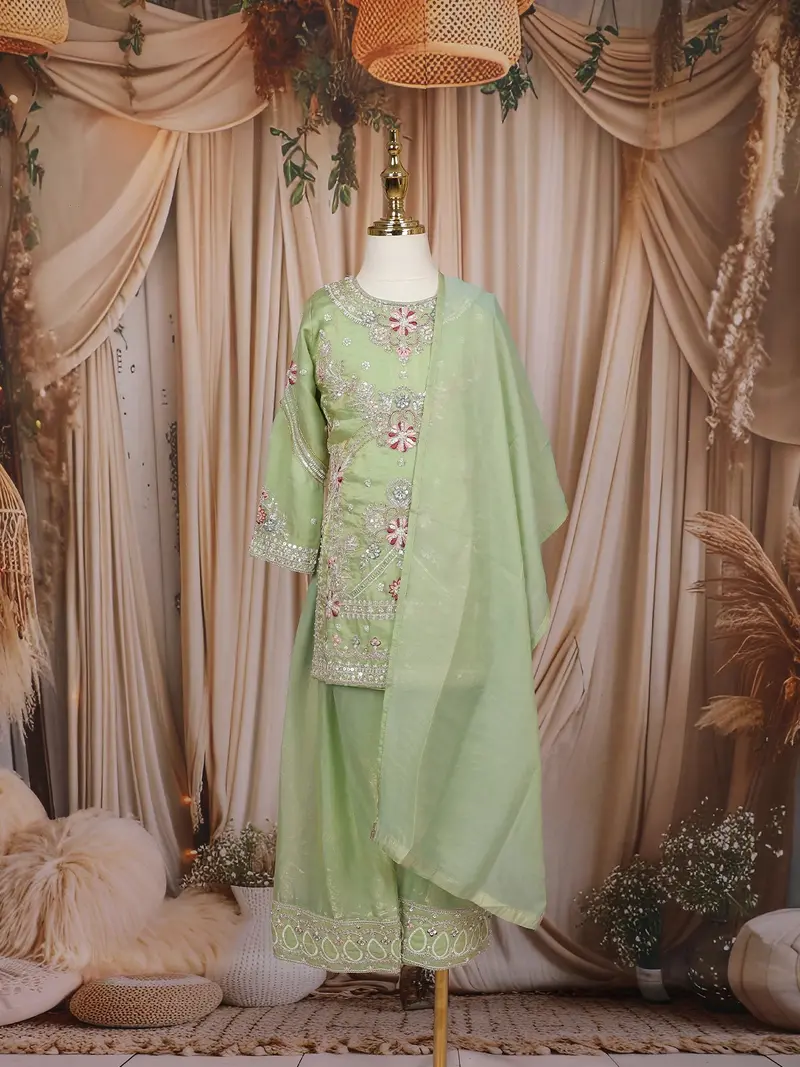 Pastel Green Floral And Sequins Embroidered Tissue Organza Kids Palazzo Suit 1