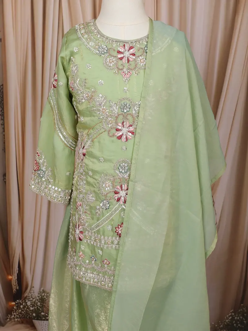 Pastel Green Floral And Sequins Embroidered Tissue Organza Kids Palazzo Suit 2