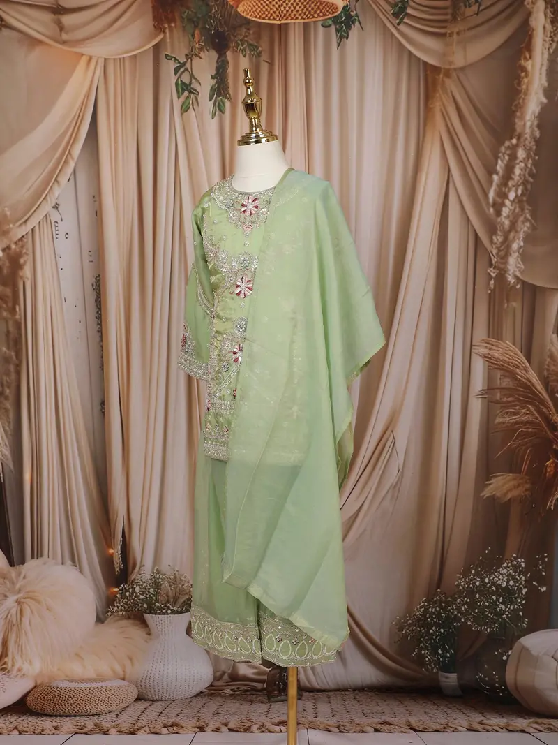 Pastel Green Floral And Sequins Embroidered Tissue Organza Kids Palazzo Suit 3