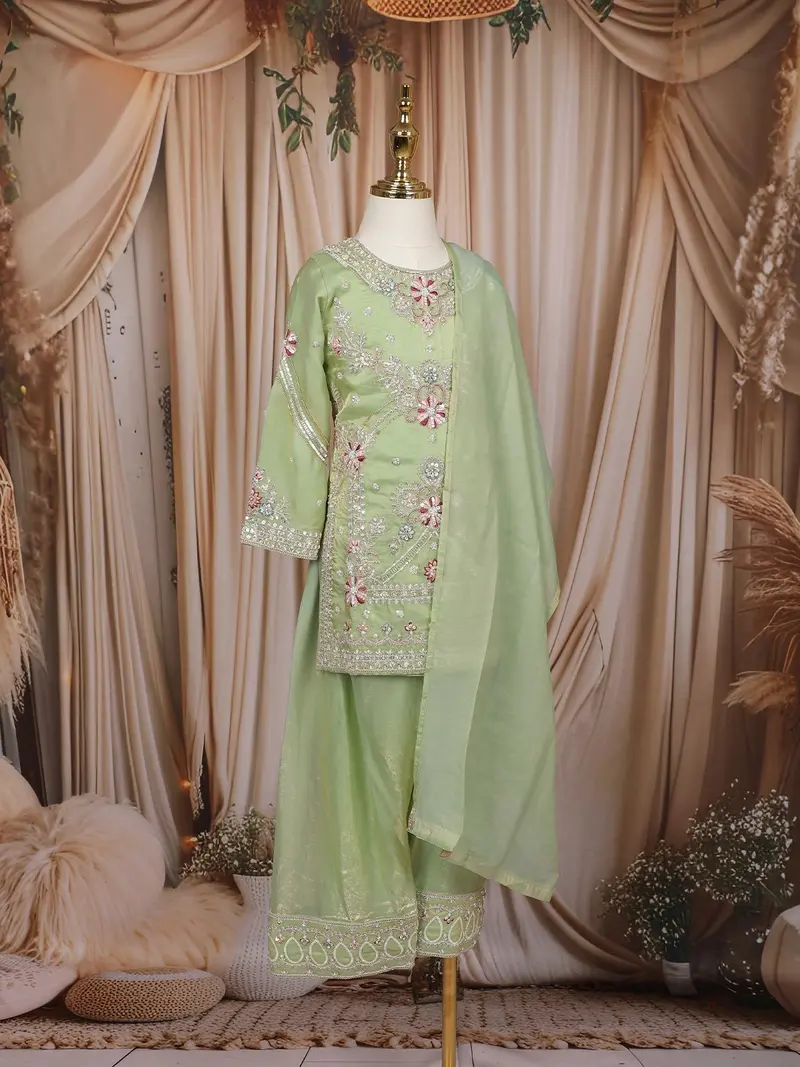 Pastel Green Floral And Sequins Embroidered Tissue Organza Kids Palazzo Suit 4