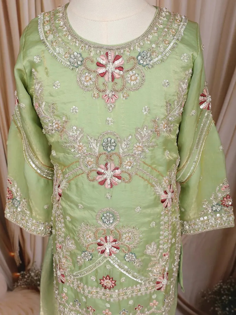 Pastel Green Floral And Sequins Embroidered Tissue Organza Kids Palazzo Suit 5