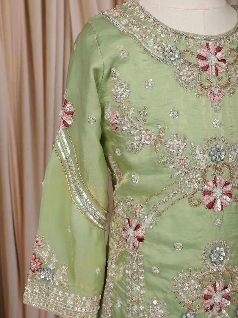 Pastel Green Floral And Sequins Embroidered Tissue Organza Kids Palazzo Suit 6