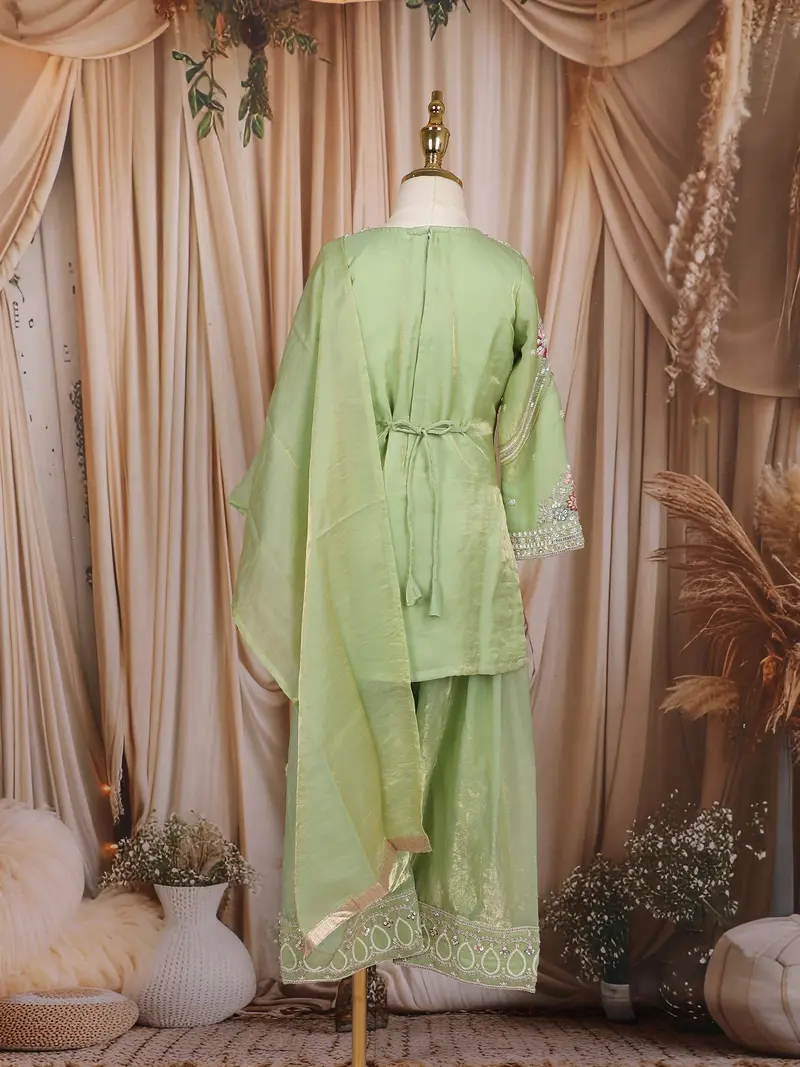 Pastel Green Floral And Sequins Embroidered Tissue Organza Kids Palazzo Suit 8