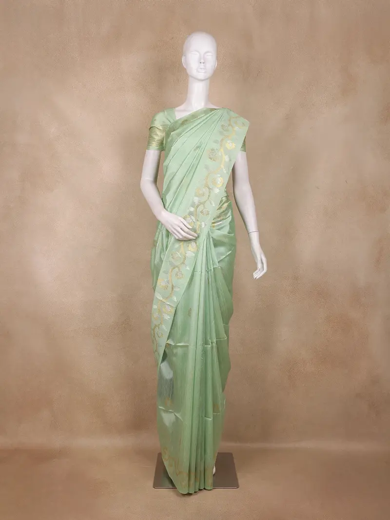 Pastel Green Floral Butta Woven Design Semi Tussar Saree 1