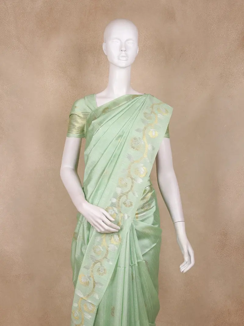Pastel Green Floral Butta Woven Design Semi Tussar Saree 2