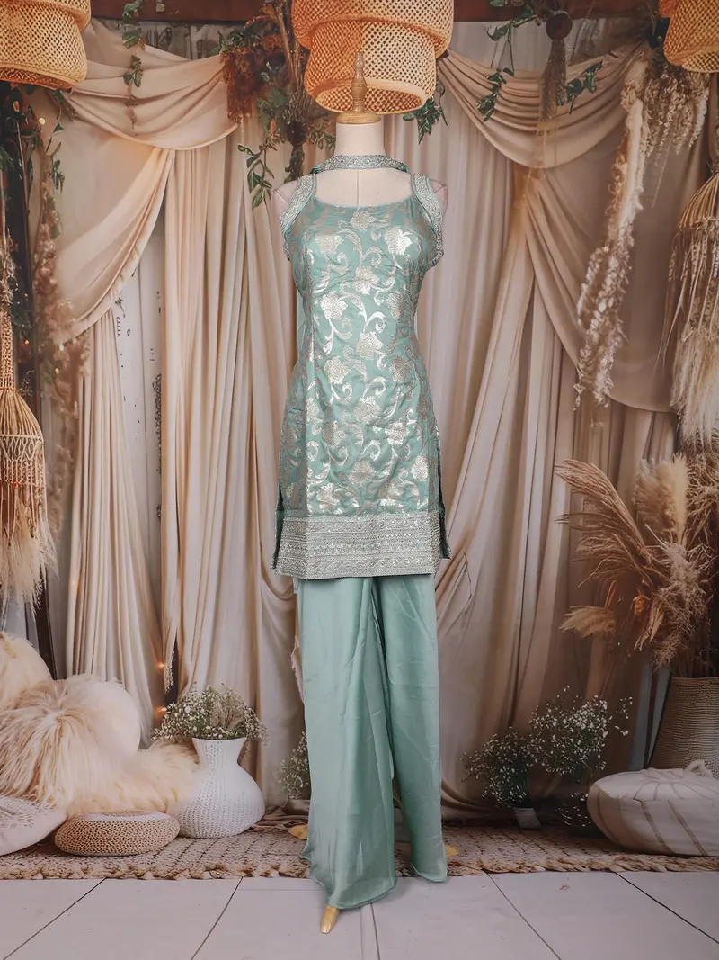 Pastel Green Floral Design Silk Palazzo Suit With Dupatta 1